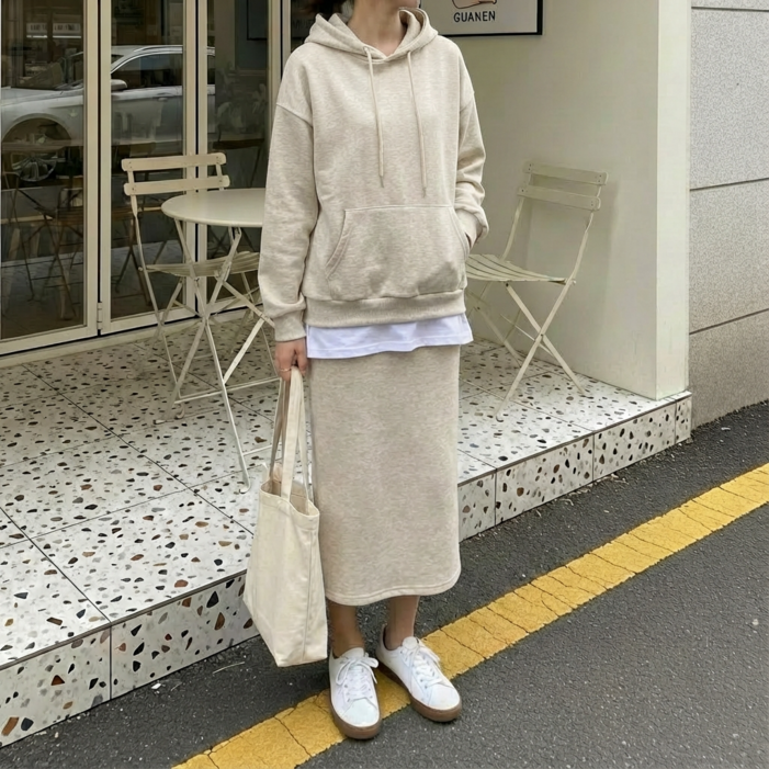 상상그이상 여성용 국내제작 기모 후드 스커트 트레이닝 세트 고급원단 가성비 좋은 레이어드 티셔츠 편안한 스커트 명절에 입기 좋은 페미닌한 날씬핏 가볍고 따뜻한 데일리 스타일