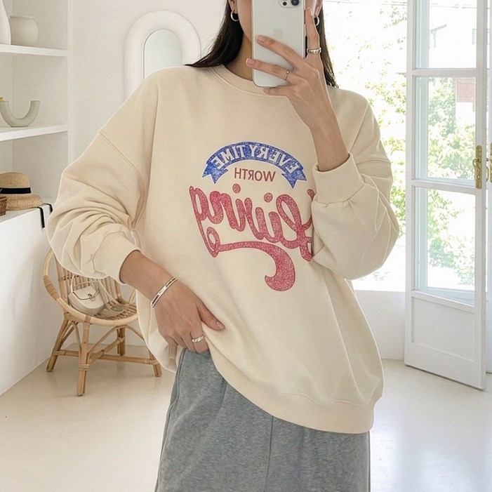 데일리앤 타이밍 여성 빅사이즈 루즈핏 봄 캐주얼 맨투맨  긴팔 티셔츠