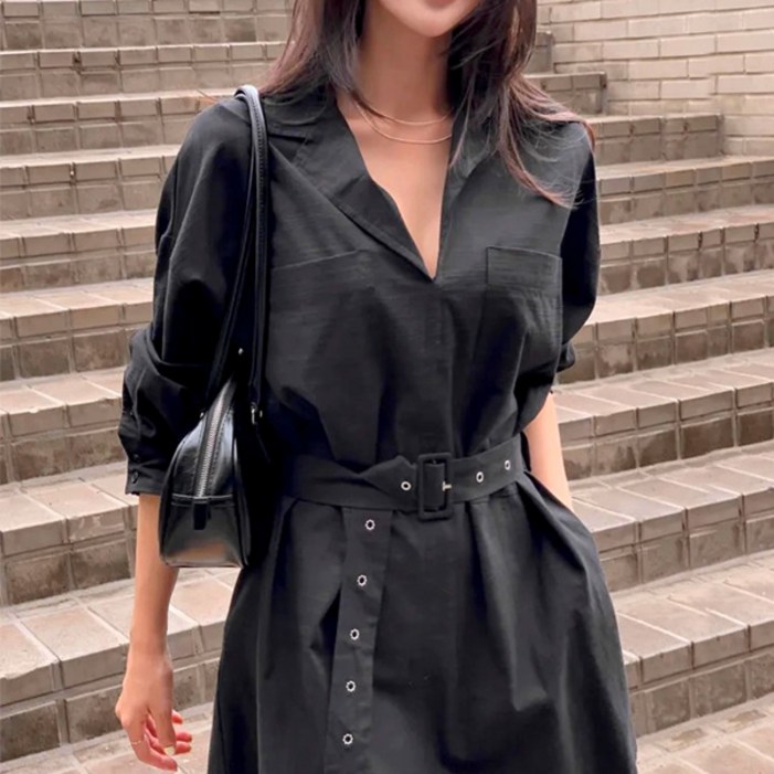 라라홀리 트렌치 스타일 벨티드 빅포켓 박시 셔츠 원피스