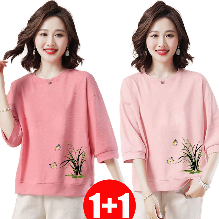 지고다그 11여성 간절기 면혼방 프린트 맨투맨 티셔츠 7부소매 루즈핏 캐주얼 데일리 상의 GJX2535