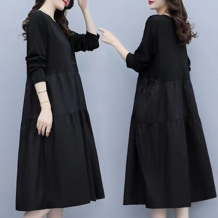 ORZQU 여성 빅사이즈 긴팔 원피스 배색 봄가을 엄마 중장년 날씬해 보이는 캐주얼 이너 원피스