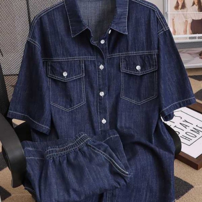 호미존 여성 여름 데님 청 반팔 티셔츠 밴딩 반바지 투피스 세트 캐주얼 셋업 빅사이즈