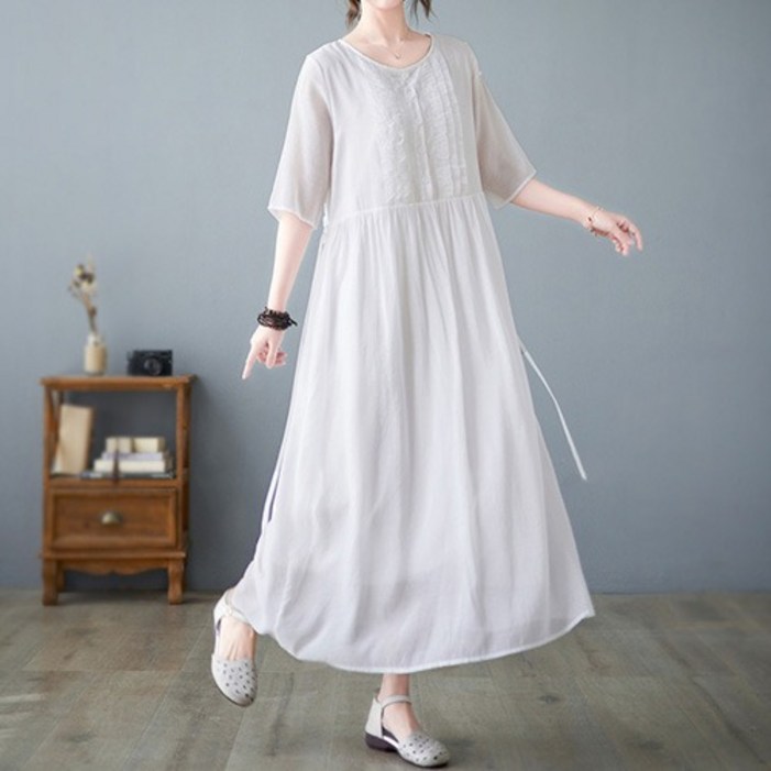 데일로엔 여성 여름 휴양지 린넨 플리츠 롱 원피스 루즈핏