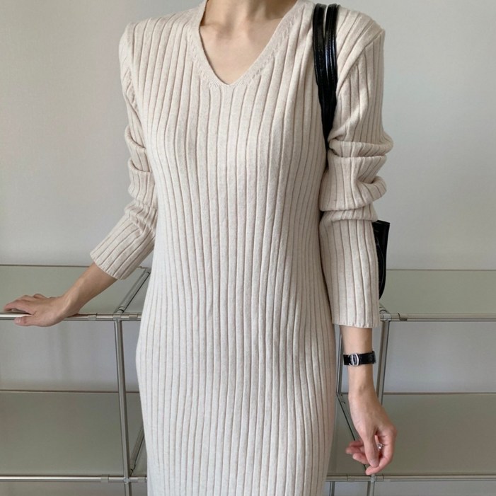 요정 베이직 골지 브이넥 니트 원피스3color허리끈포함