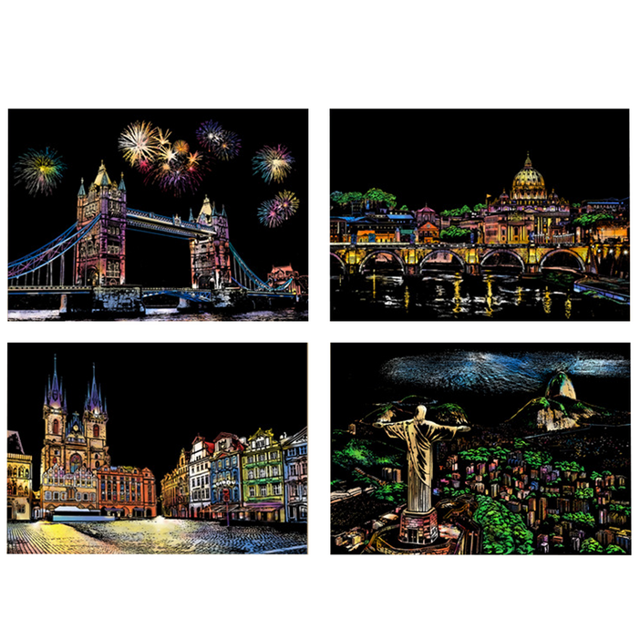 코히모 스크래치 컬러링 페이퍼 도안 스크레치 종이 카드 스크래치북 액자 세트 3W107, 아름다운도시, 1개