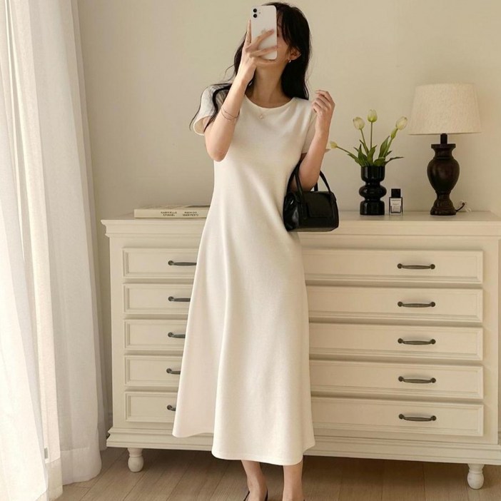 세이스타일 로에 반팔 라운드 슬림 A라인 미니 롱 원피스 롱