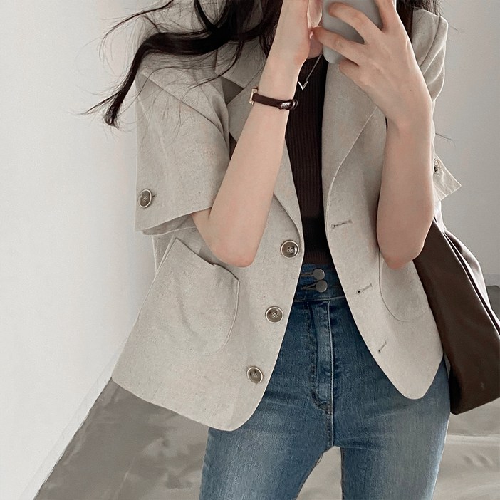 페이퍼먼츠 여성용 더블 카라넥 버튼 반팔 재킷 10726