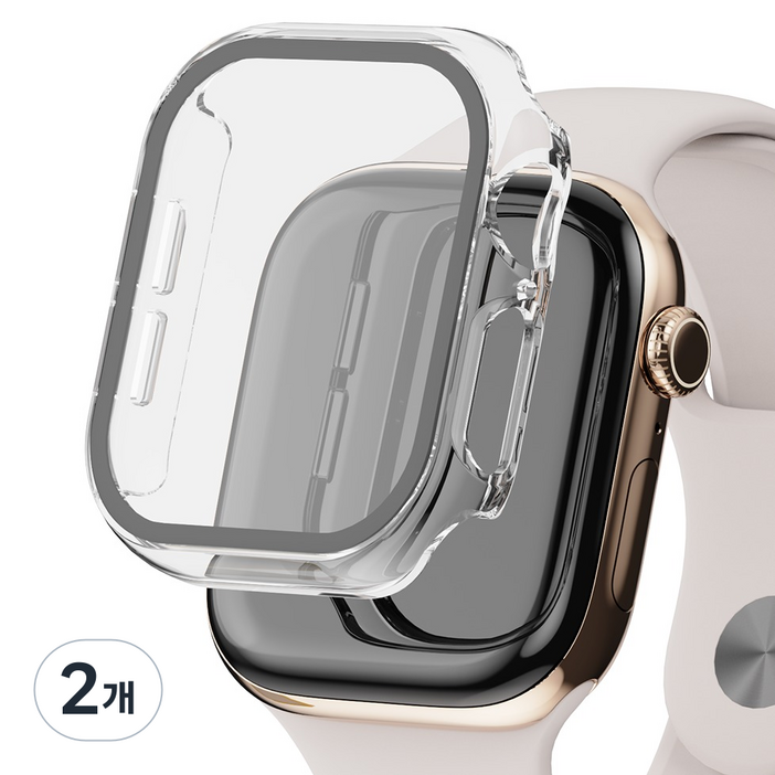 굿밸류 애플워치 풀커버 강화유리 액정보호 케이스, 투명, 2개
