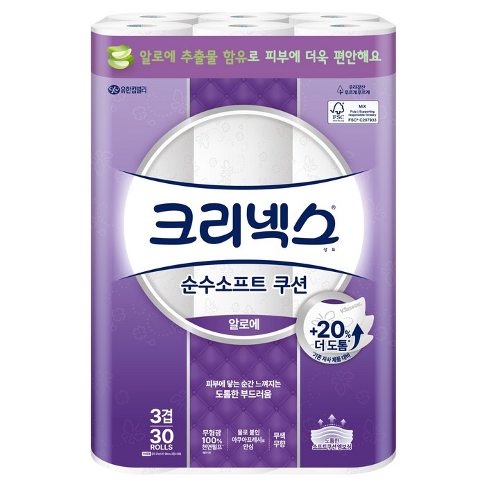크리넥스 순수소프트 쿠션 알로에 화장지, 27m, 30개입, 1개