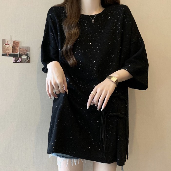 반야스토리 여성용 QQ34 루즈핏 롱 반팔 티셔츠