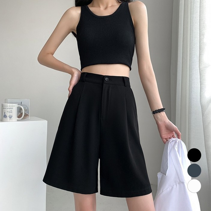 엘쏘 여성용 뒷밴딩 버뮤다 핀턱 원버튼 슬랙스 5부 팬츠