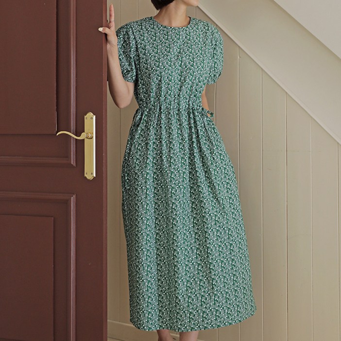 빼빼 여성용 스트링 라운드넥 플라워패턴 반팔 롱원피스