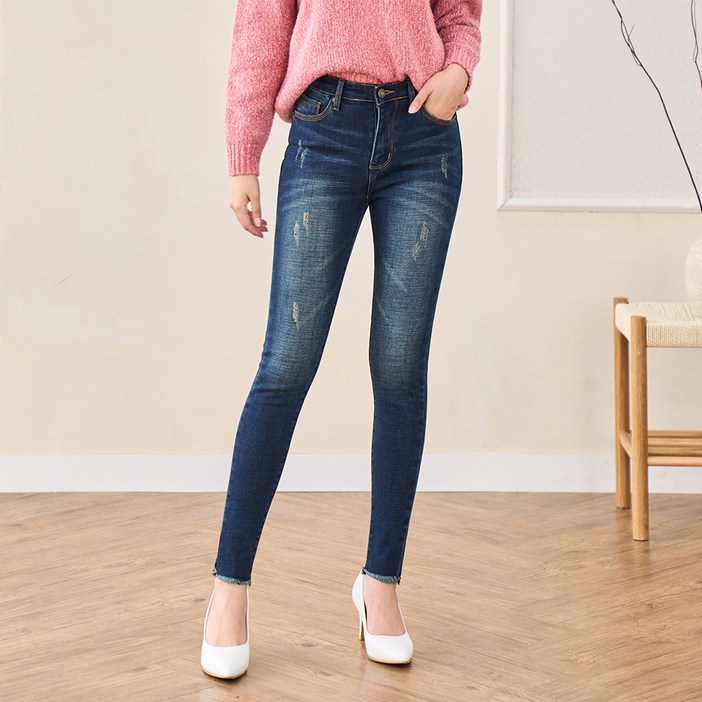 클로니아 여성용 따뜻 본딩 기모 스키니핏 허리스판 데미지 수술컷팅 데님 팬츠 CR8W95