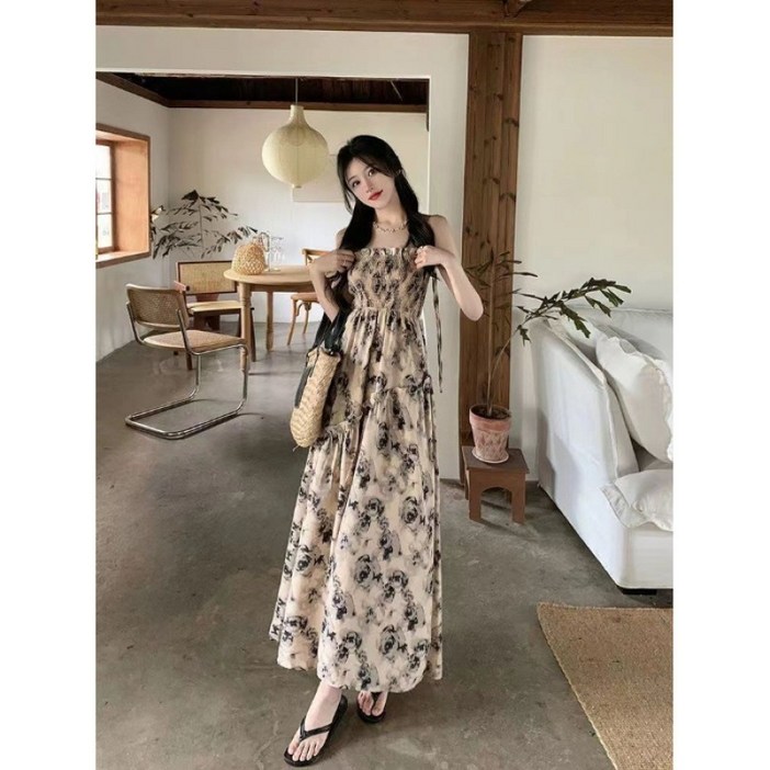 sullem11 여름 장미 꽃무늬 플리츠 서스펜더 드레스 여성 슬림 플레어 롱원피스 휴양지 리조트룩