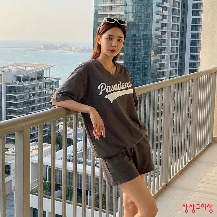 상상그이상 여성용 국내제작 파사디V반팔SET 여름 루즈핏 반소매 브이넥 티셔츠 허리밴딩 고무줄바지 반바지 숏팬츠 세트 투피스 트레이닝세트 오버핏 나일론반팔 아노락반팔 밑단스트링