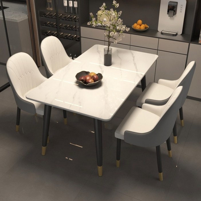 아벨로 튼튼한 식탁 세라믹 식탁 아일랜드 4인용 2인용, 스노우 화이트  화이트 의자 4개