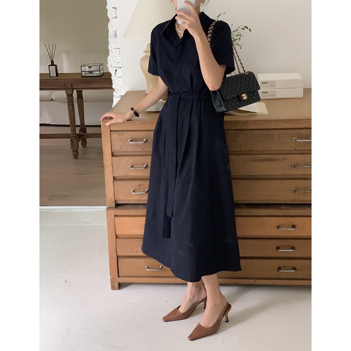 루어스룸 필립 카라넥 봄 여름 셔츠 허리끈 벨트 A라인 플레어 하객룩 맥시 롱 원피스