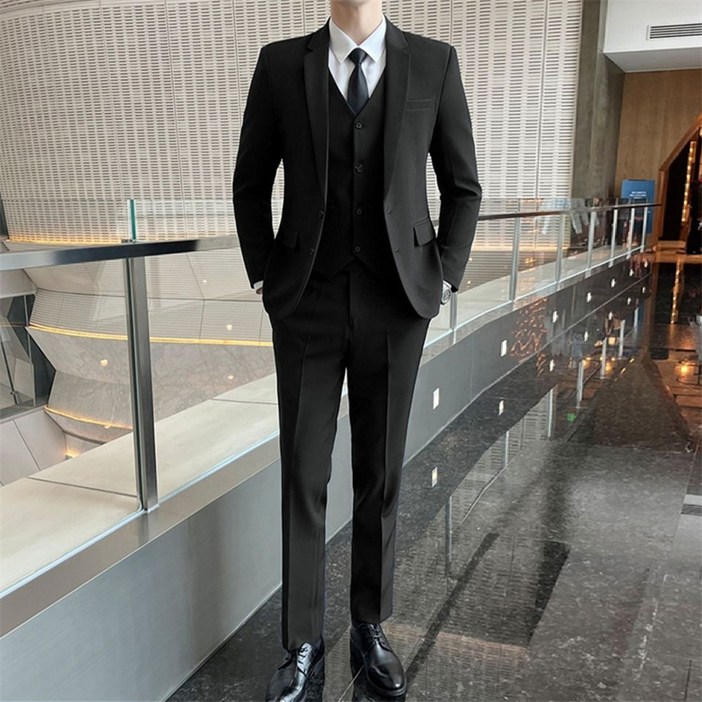 남성 정장 세트 투버튼 자켓 캐주얼 수트 하객룩 면접 결혼식 블랙수트 5피스 코트+바지+조끼+화이트셔츠+넥타이 세트