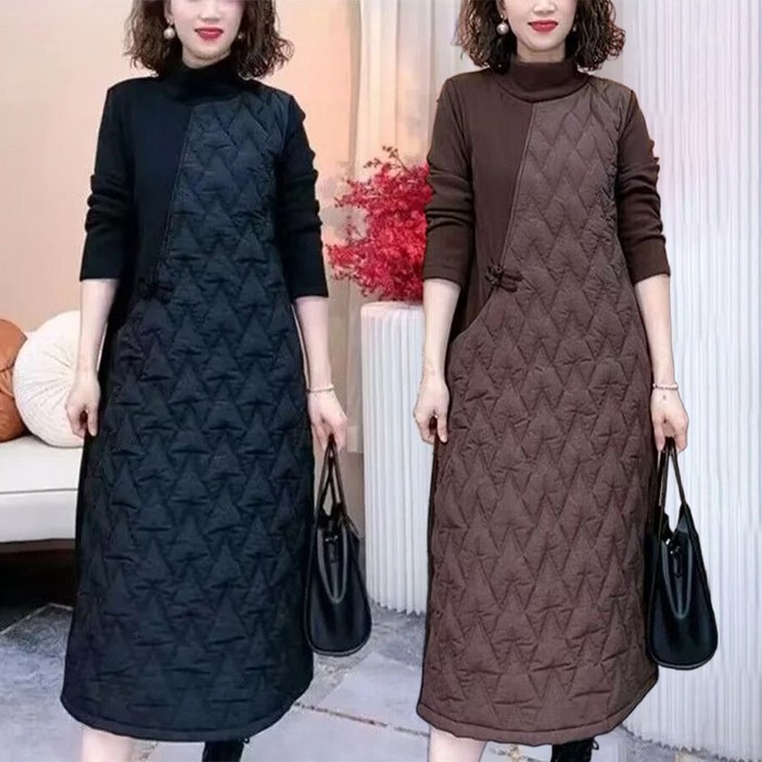 중년원피스 가을겨울 아가일 패치 보온 패딩원피스 루즈핏 경량패딩 빅사이즈 엄마옷