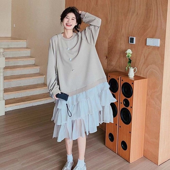 TKX 여성용 가을 겨울 캐주얼 드레스 레이어드 스타일 긴팔 귀여운 디자인 단추 장식 캉캉원피스 MN53