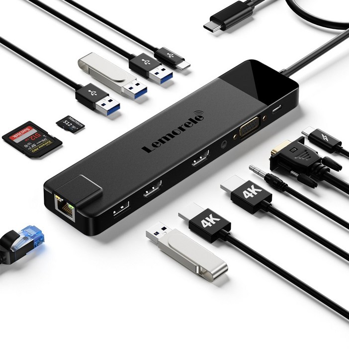 Lemorele 13 in1 USB C 허브 유형 C 도킹 스테이션 RJ45 PD 100W 어댑터 VGA 1000Mbps 기가비트 이더넷 4K USB 3.0 허브, 검정, 1개