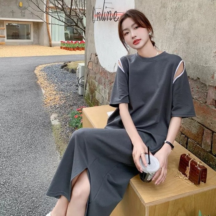 해피유통 여성 순면 루즈핏 빅사이즈 솔리드 원피스 펀칭 트임 롱티 원피스 jhljq