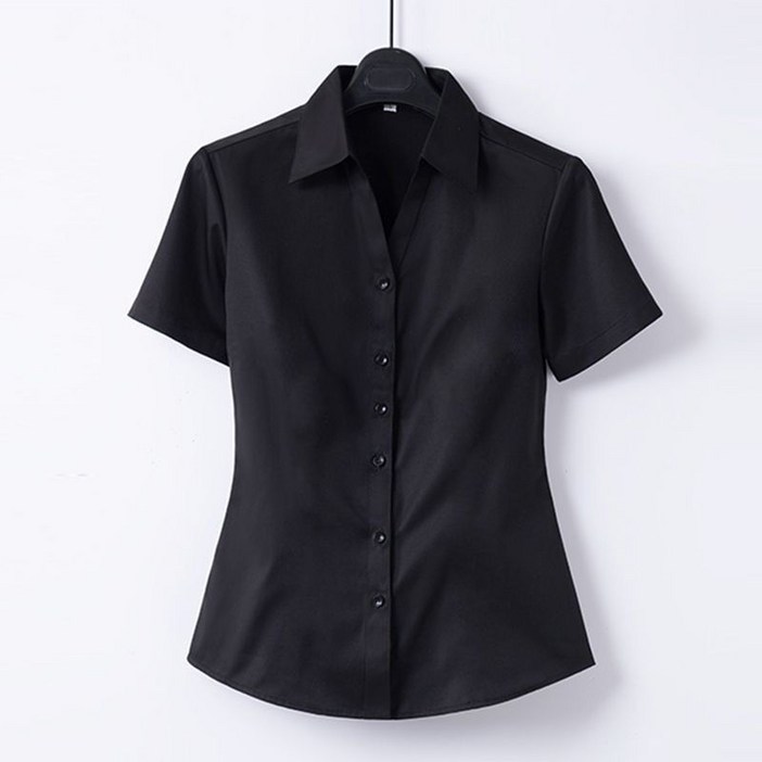 여성용 빅 사이즈 브이넥 면접 유니폼 남방 심플 슬림핏 블라우스 반팔셔츠 뉴타임즈 02CW2502