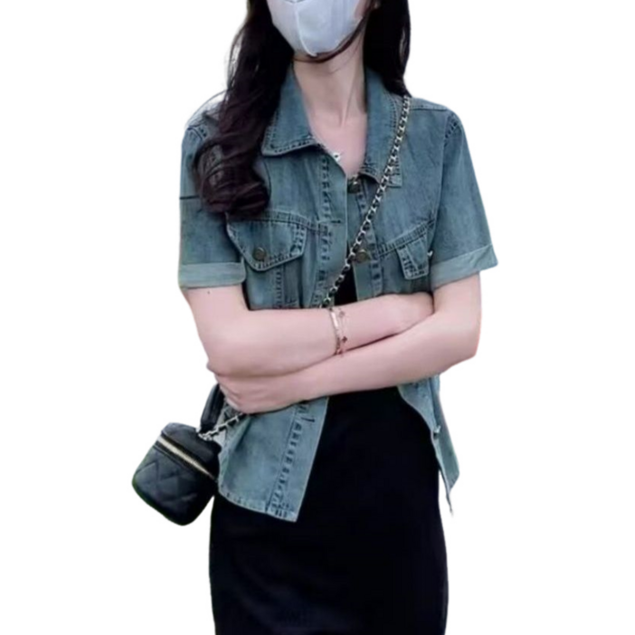 여름 여성용 데일리 캐주얼 데님 점퍼 숏 반팔 청자켓