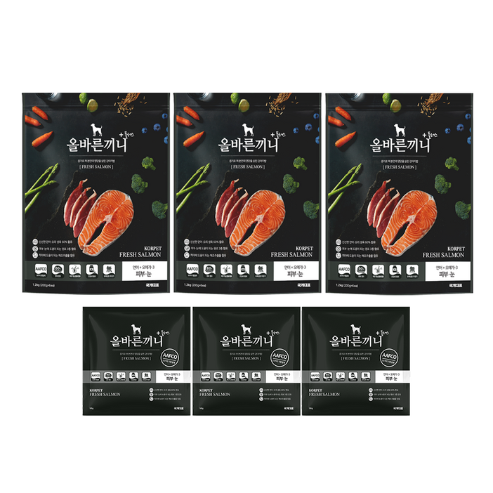 올바른끼니 플러스-연어 오메가3(피부눈건강) 강아지사료 _ 60%생육, 100%휴먼그레이드, 스팀공법 영양식 강아지밥, 1.25kg, 3개, 연어