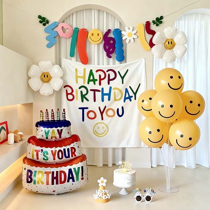 생일 가랜드 현수막 데이지 풍선 파티 용품 세트, 생일 풍선 세트,생일풍선 1세트, 옐로우 캔들케이크 배너