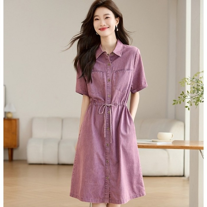 옷깔난다 슬림핏 캐주얼 허리 조임 반팔 미디기장 데님 원피스 라시아원피스