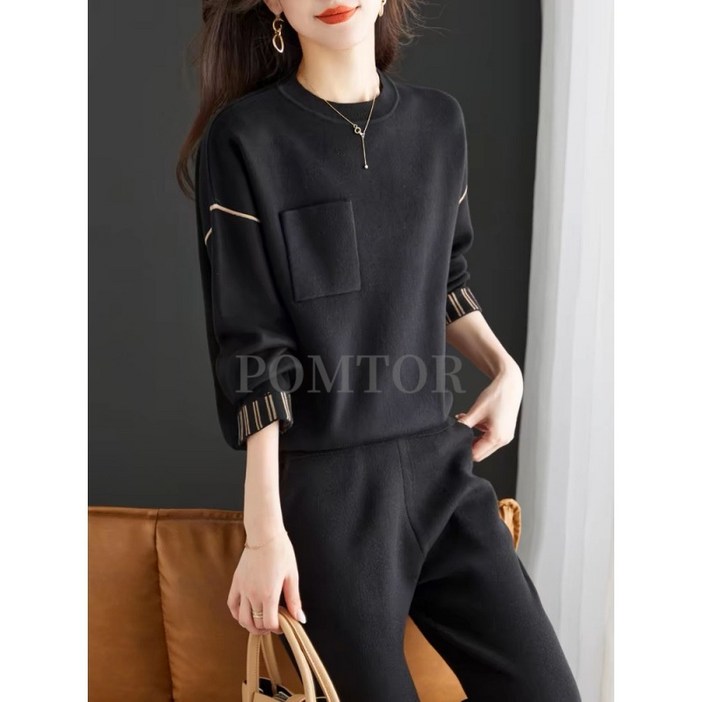 POMTOR 여성 가을 겨울 데일리룩 투피스 라운드넥 맨투맨 바지 세트