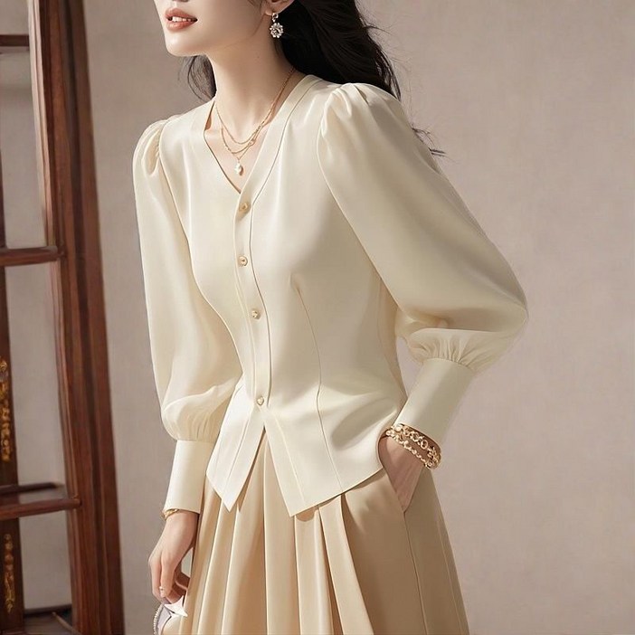 AOKADA 여성 쉬폰 브이넥 봄 가을 결혼식 하객룩 오피스룩 허리쪼임 긴팔 셔츠 블라우스