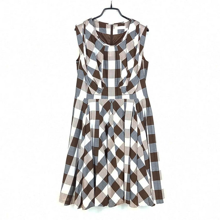 빈티지다온 SJSJ 여성 체크배색 여름 민소매 플레어원피스 브라운