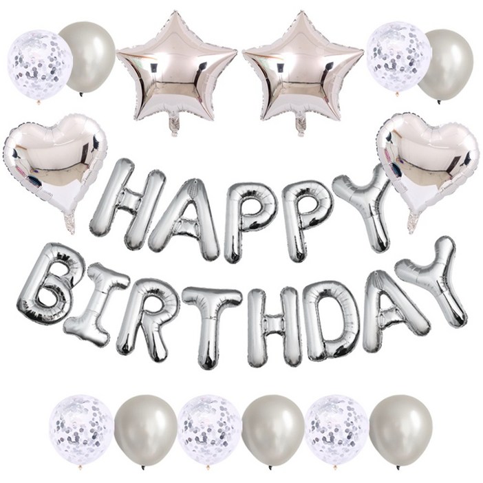 하트 스타 HBD 풍선 세트 에브리띵스마일, 1세트, 실버 풍선 하트 스타 HBD 풍선 세트 에브리띵스마일, 1세트, 실버 풍선