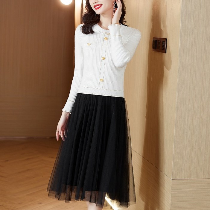 미미앤느 여성 라운드넥 금장 슬림핏 긴팔 니트 메쉬 블랙 미디원피스