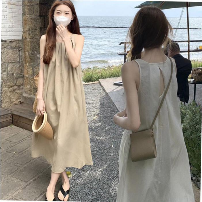 여성 브 라운드 셔링 A라인 민소매 롱 원피스 가을 시원한원피스 심플 호캉스
