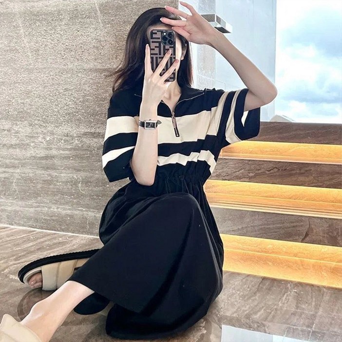오로라 루즈핏 카라 원피스 캐주얼 반팔 미디 원피스