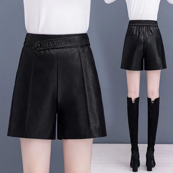 뒷밴딩 레더 가죽 반바지 빅사이즈 여성 추동 레이어드 와이드 숏팬츠 A라인 가죽 4부 바지 팬츠