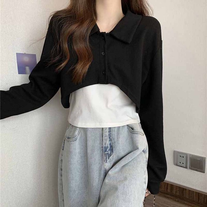 AOKADA 여성 레이어드 카라 긴팔 맨투맨 민소매 티셔츠 투피스 세트