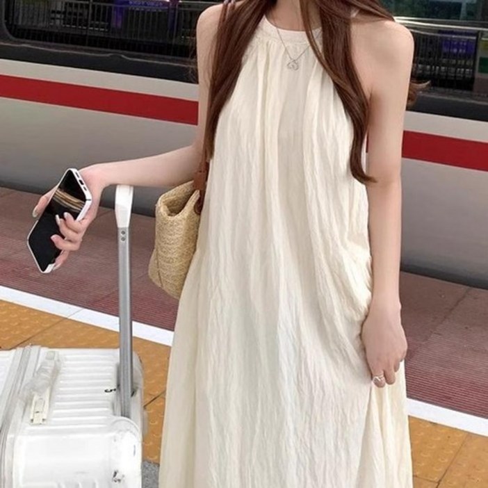 꼬임 홀터넥 가벼운 민소매 위아 롱 원피스 여자반팔 (50627038)