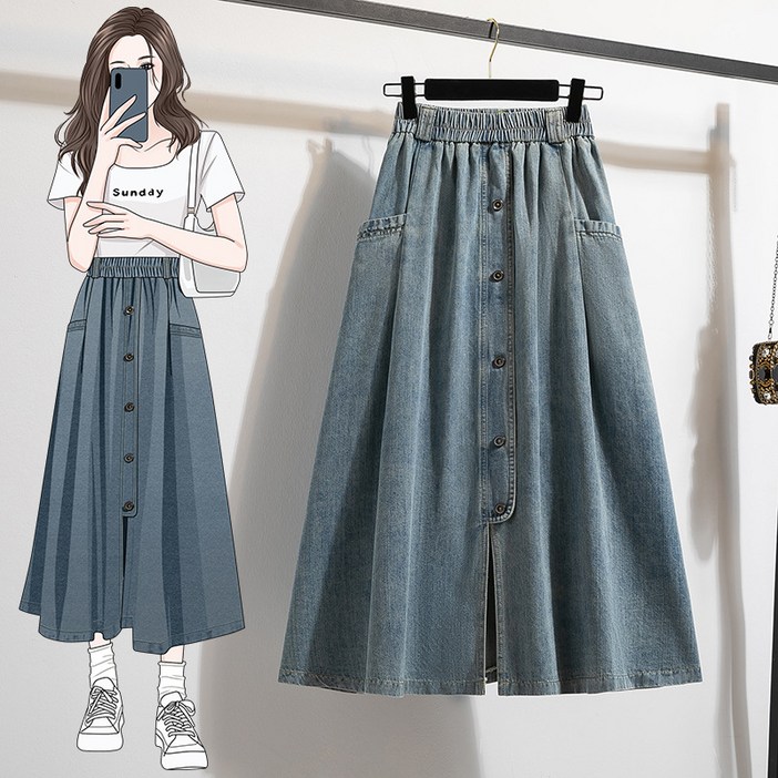 POMTOR 여성 캐주얼 A라인 롱 청 치마 빅사이즈 데님 스커트 M5XL