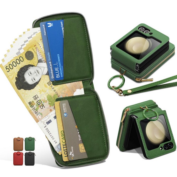 Z플립 7 6 5 4 3 지갑형 대용량 현금 수납 카드4장 손목, 롱 스트랩 핑거 링, 힌지보호 갤럭시 제트 플립 정품 지폐 폰케이스 고급 PU 가죽 핸드폰 케이스 제이콥스타일