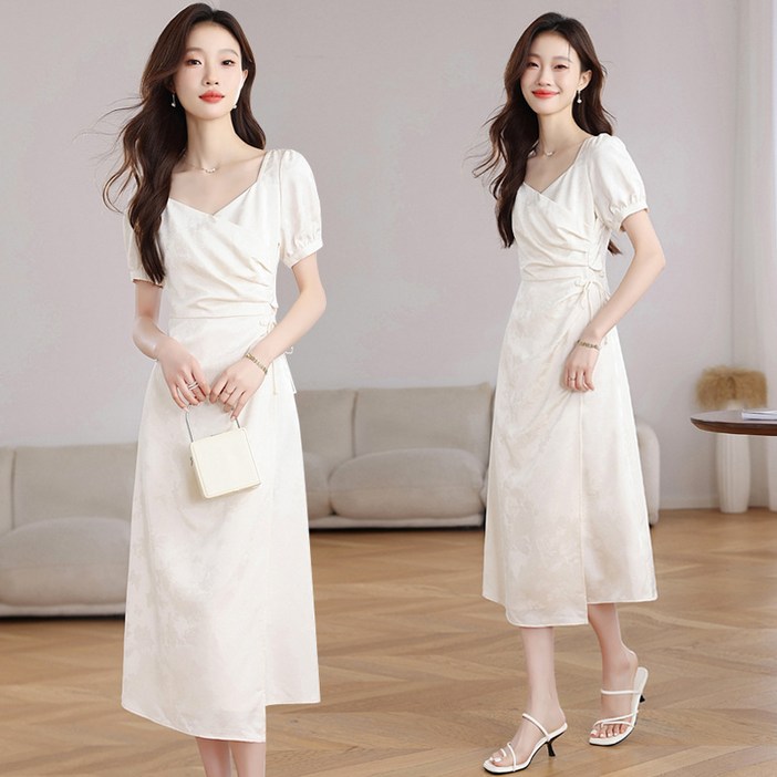 POMTOR 여성 여름 하객 원피스 스퀘어넥 화이트 퍼프 롱 드레스 오피스룩 정장