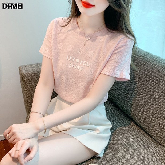 DFMEI 라운드 맨투맨 반팔 티셔츠 심플 레터링 프린트 서양풍 나이감소 티셔츠녀