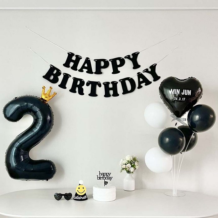 연지마켓 생일가랜드 생일 파티 용품 세트 숫자 하트 풍선 (자유레터링), 1세트, 블랙