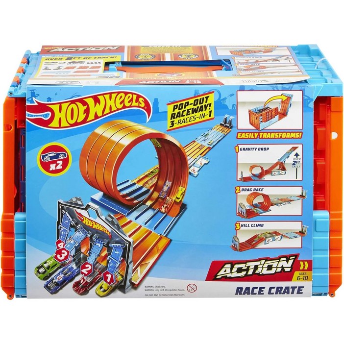 Hot Wheels 자동차 트랙 장난감 선물 생일 해외 핫 휠 세트 레이스 상자가 3개의 트랙으로 변형되고 164 스케일의 수납 공간과 2대의 자동차가 포함됩니다아마존 독점