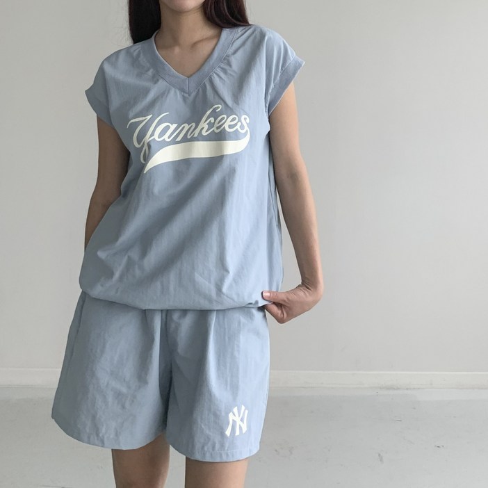 [행복여] 히로즈 드롭 숄더 레터링 캐쥬얼 바스락 밴딩 반바지 세트