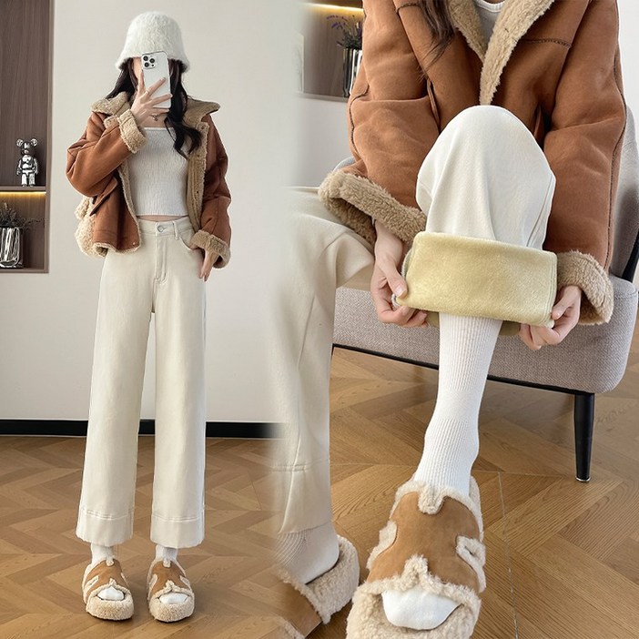 25F/W 신상 키작녀 9부 겨울기모청바지 일자 세미 와이드 본딩 스판데님 편한바지