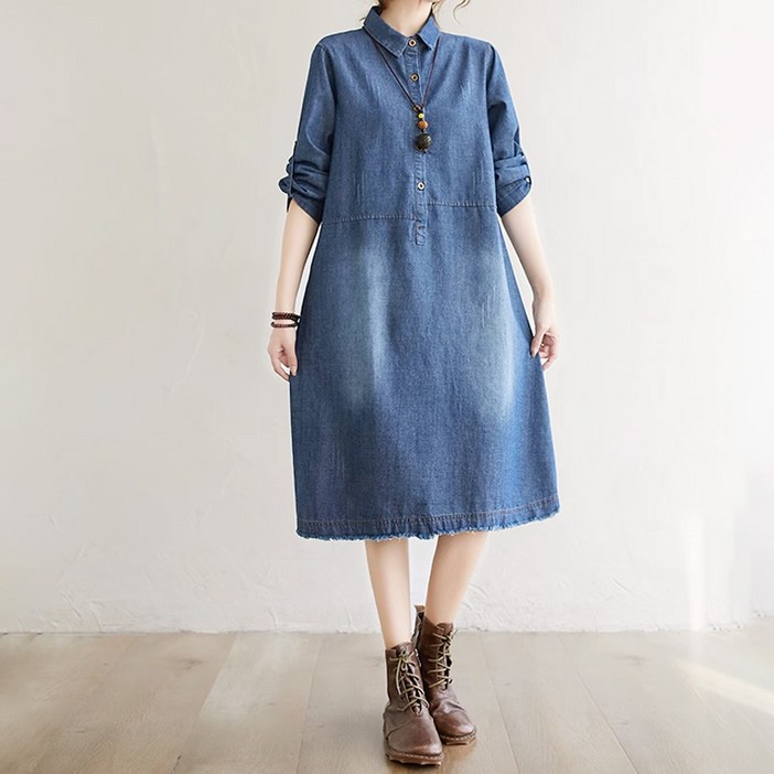 Titikong 여성 반오픈 데님 롱 셔츠 청 원피스 데일리룩 빅사이즈
